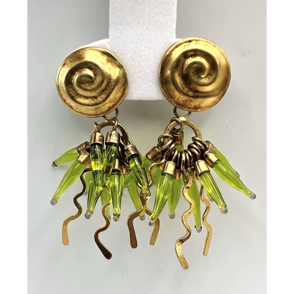 Vintage Early Meryl Waitz Studio Sterling Silver Vermeil & Green Glass Earrings